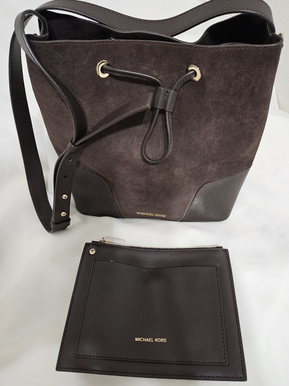 Michael Kors Brown Suede Bucket Bag with Pouch